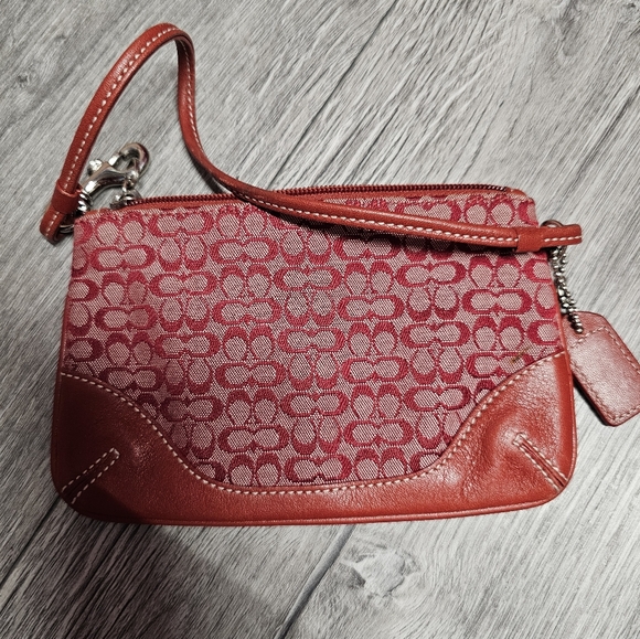 Coach Bags Red Signature Logo Leather & Canvas Wristlet Coin Purse - Picture 4 of 8